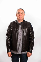 Mens Oxford brown leather jacket mandarin collar