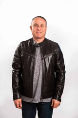 Mens Oxford brown leather jacket mandarin collar