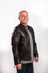 Mens Oxford brown leather jacket mandarin collar