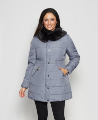 Sage - Mid Rouched Waist Fur Trim Womens Puffer Jacket