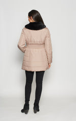 Sage - Mid Rouched Waist Fur Trim Womens Puffer Jacket