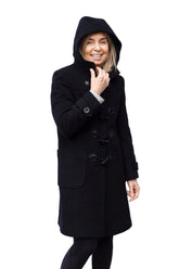 Womens Duffle black jacket toggle buttons hood