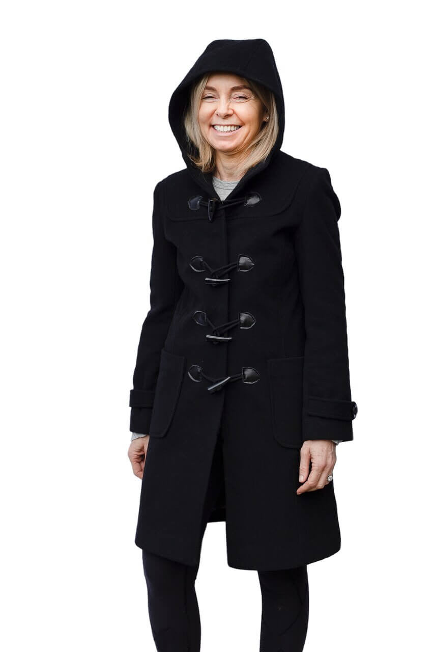 Womens Duffle black jacket toggle buttons hood